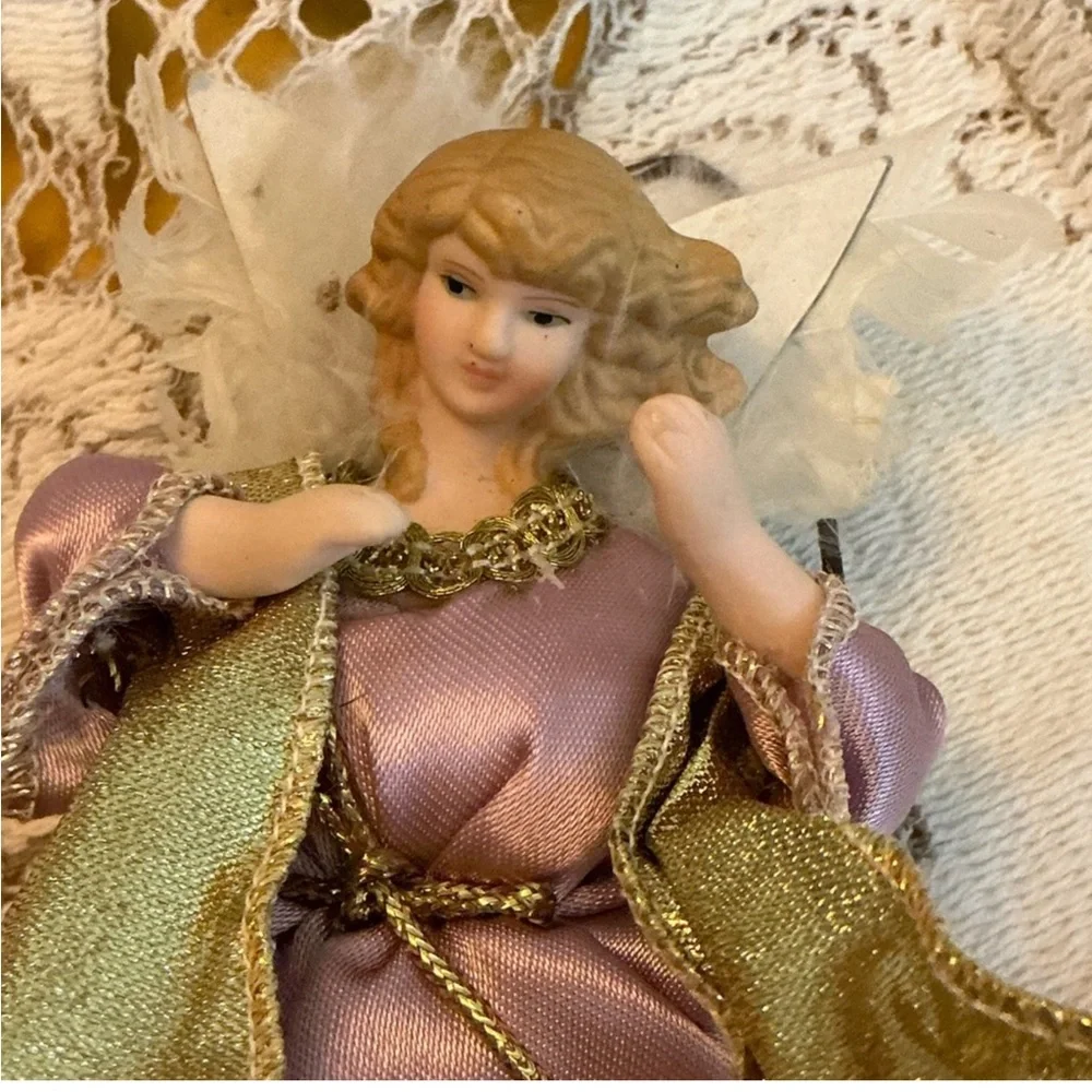 Vintage Porcelain & Fabric Angel Christmas Ornament Holiday Décor 4.5”